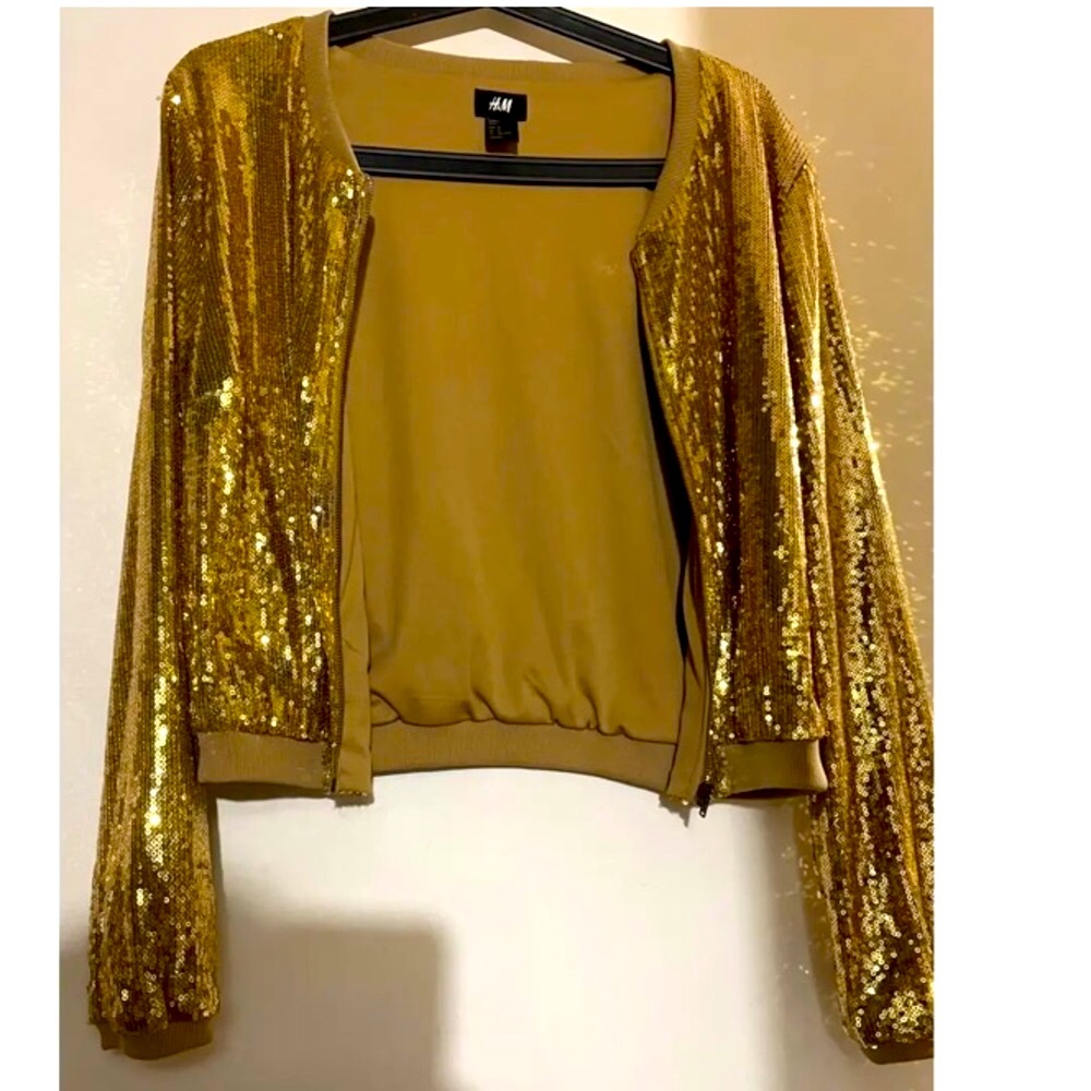 H&M Gold Sequin Bomber Jacket Size 12 L Glitter New Without Tags NWOT